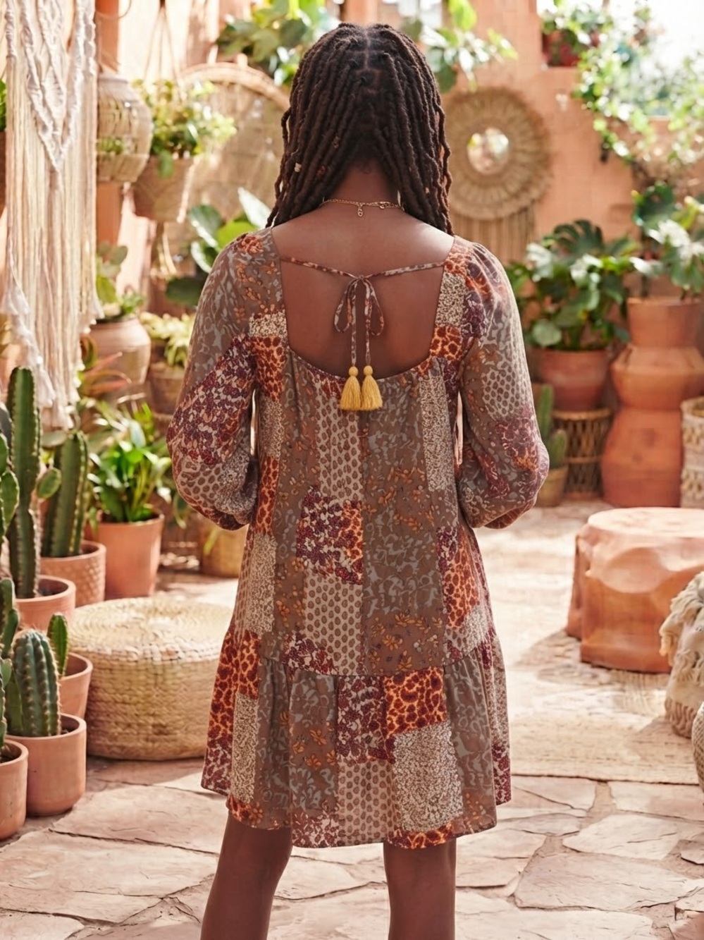Boho Patchwork Tie-Back Mini Dress in Olive Multi